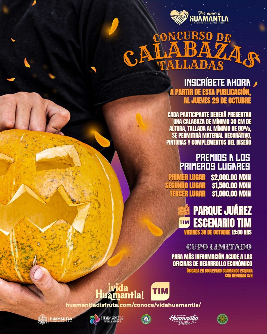 Cartel del Concurso de Calabazas Talladas de Huamantla: una persona sostiene una calabaza tallada; incluye fechas,...