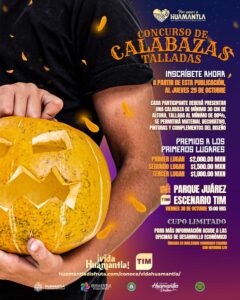 Cartel del Concurso de Calabazas Talladas de Huamantla: una persona sostiene una calabaza tallada; incluye fechas,...