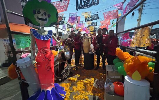 Músicos con camisas rojas tocan entre flores de cempasúchil y papel picado, junto a una catrina de cartón, en una calle...